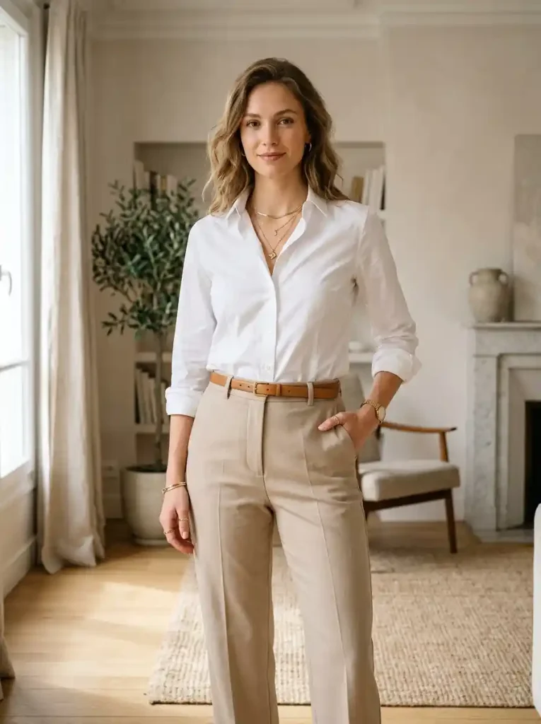 1. White Button-Down Shirt and Beige Trousers