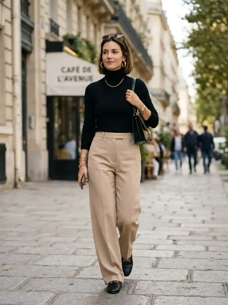 12. Black Turtleneck and Beige Wide-Leg Pants