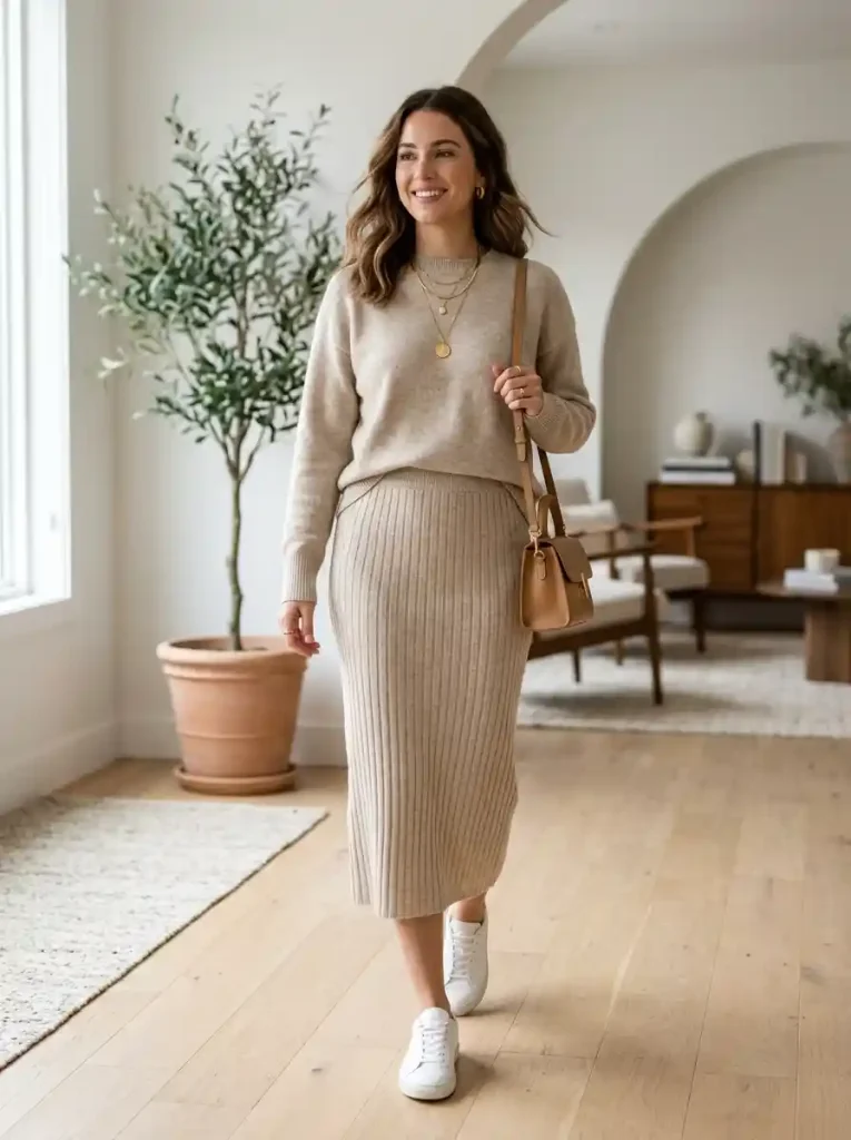 13. Matching Knit Set with Gold Jewelry-Minimalist Outfits with Gold Jewelry