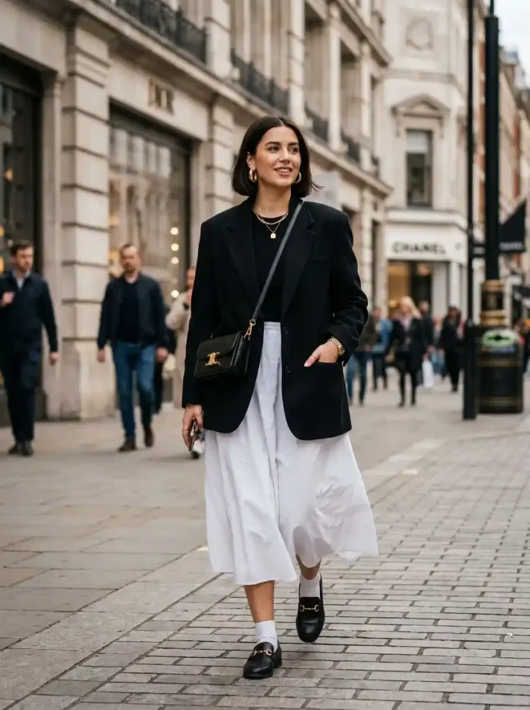 19. Black Blazer and White Midi Skirt