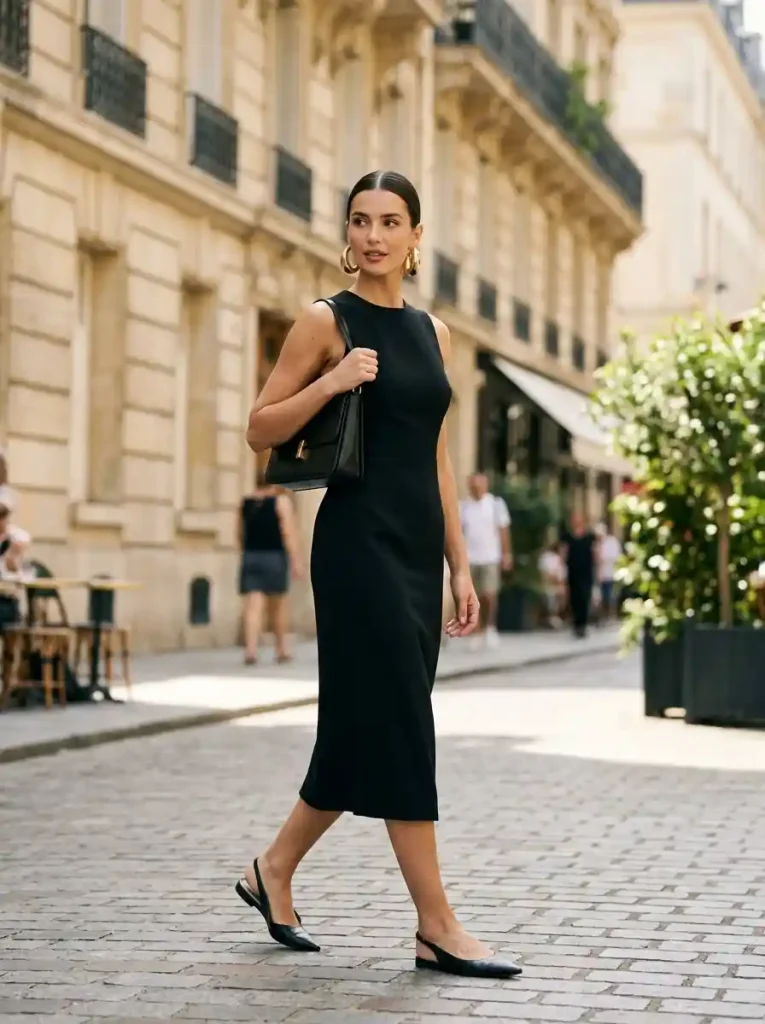 2. Black Sleeveless Dress with Gold Hoops