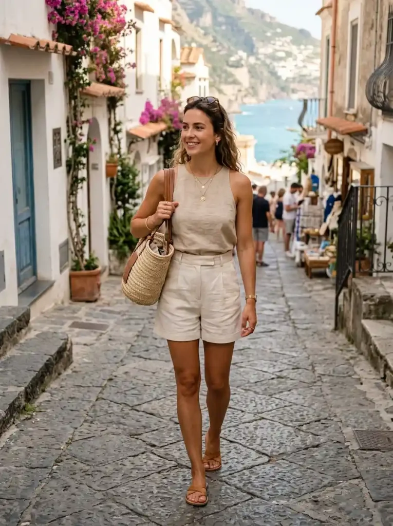 2. Linen Tank Top and Neutral Shorts