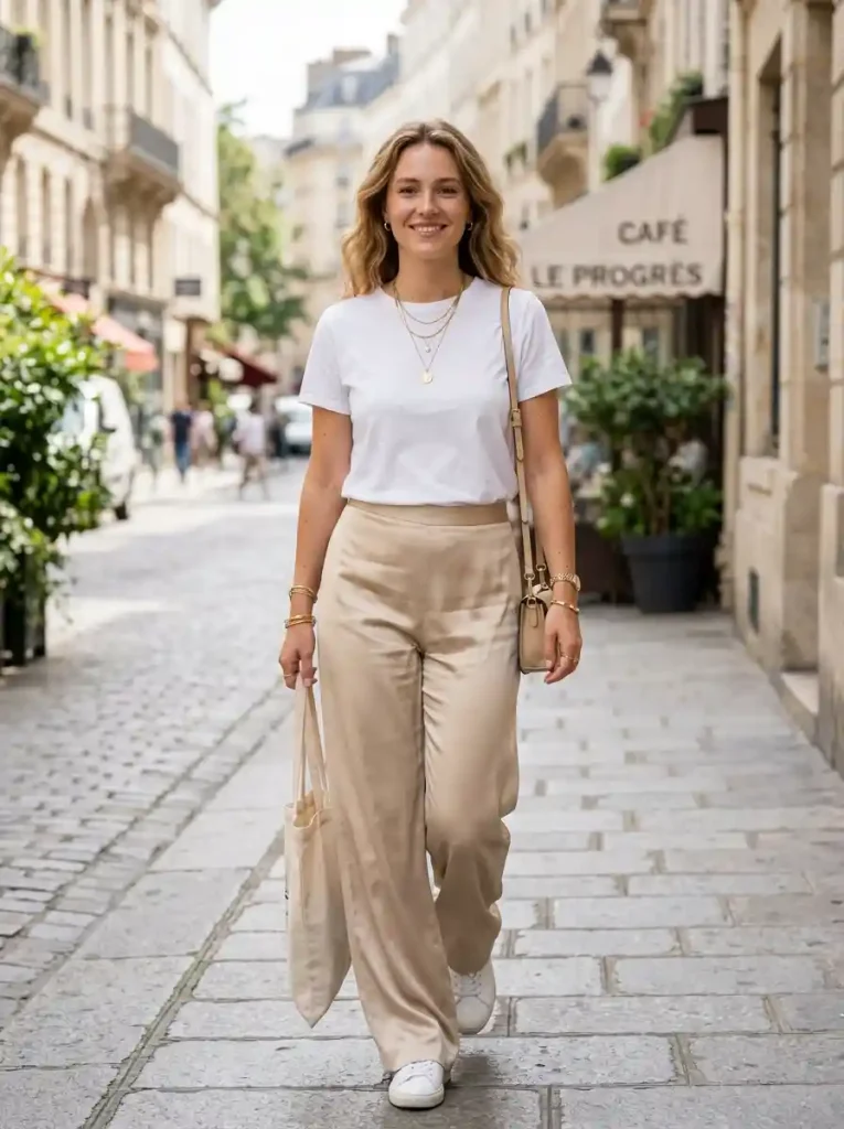 21. White T-Shirt and Satin Trousers