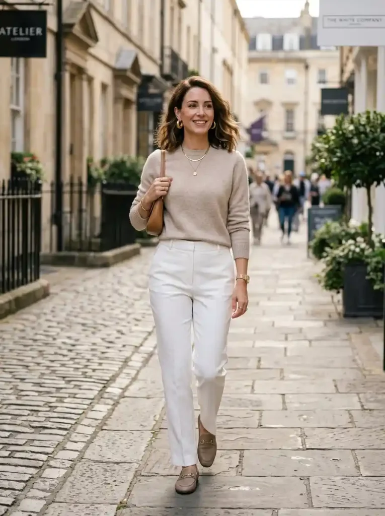 23. Neutral Sweater and White Trousers