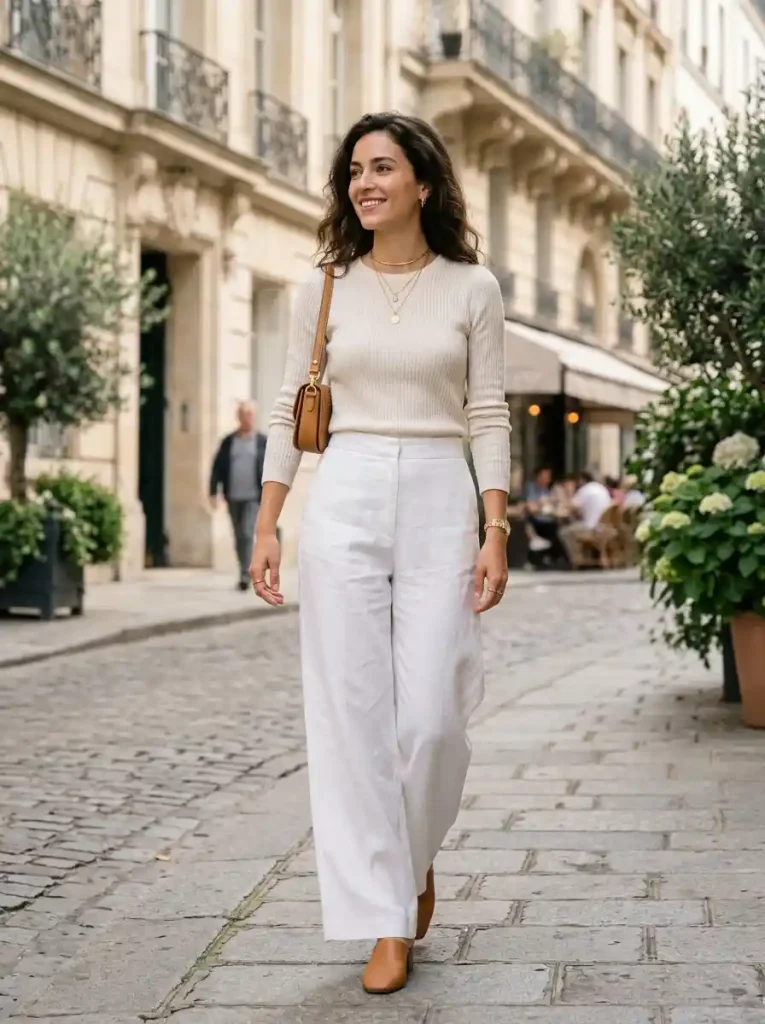 3. Cream Knit Top and White Wide-Leg Pants