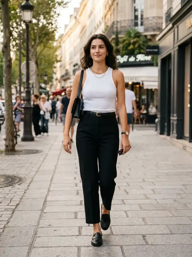 7. White Ribbed Tank and Black Trousers