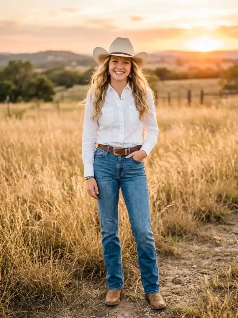 1. Classic Blue Jeans with a White Western Shirt-Western Senior Jeans Ideas