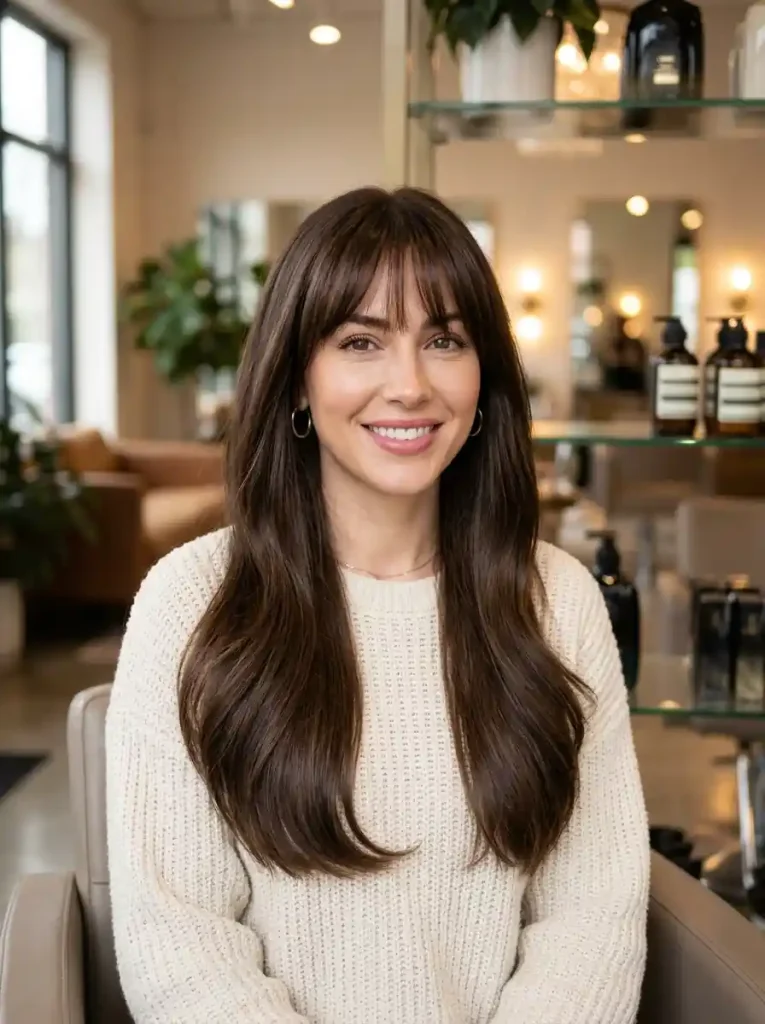1. Long Invisible Layers with Airy French Bangs