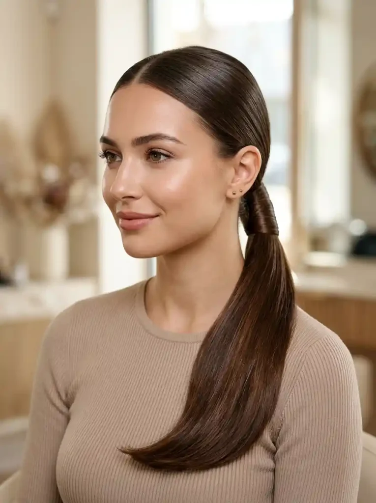 1. Sleek Low Ponytail with a Wrapped Hair Tie-Time-Saving Hairstyles for Long Hair