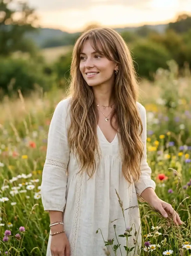 10. Soft Bohemian Layers with Piecey Bangs