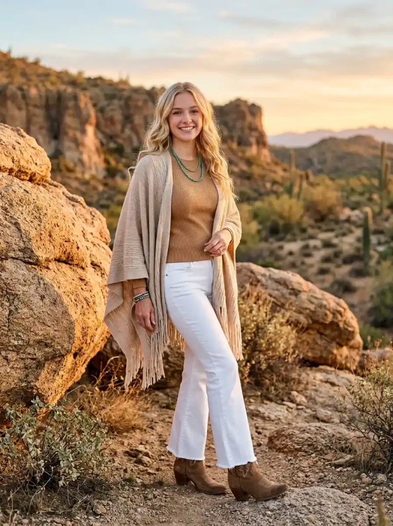 10. White Flare Jeans with a Fringe Poncho