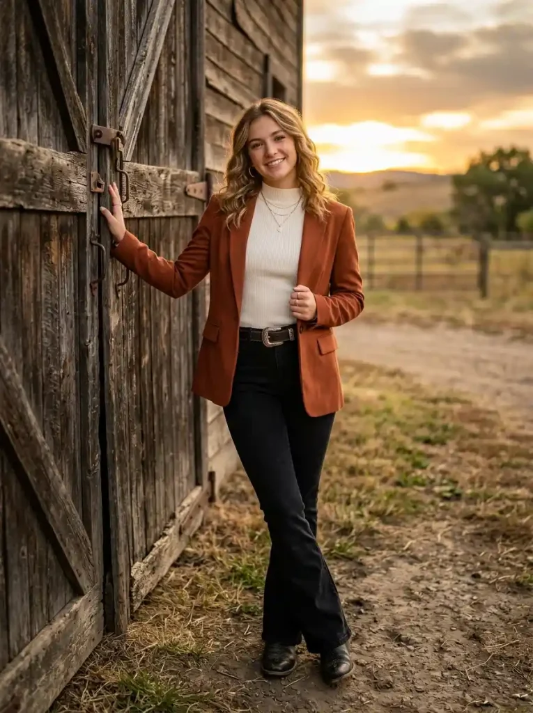 12. Black Flare Jeans with a Rust Blazer