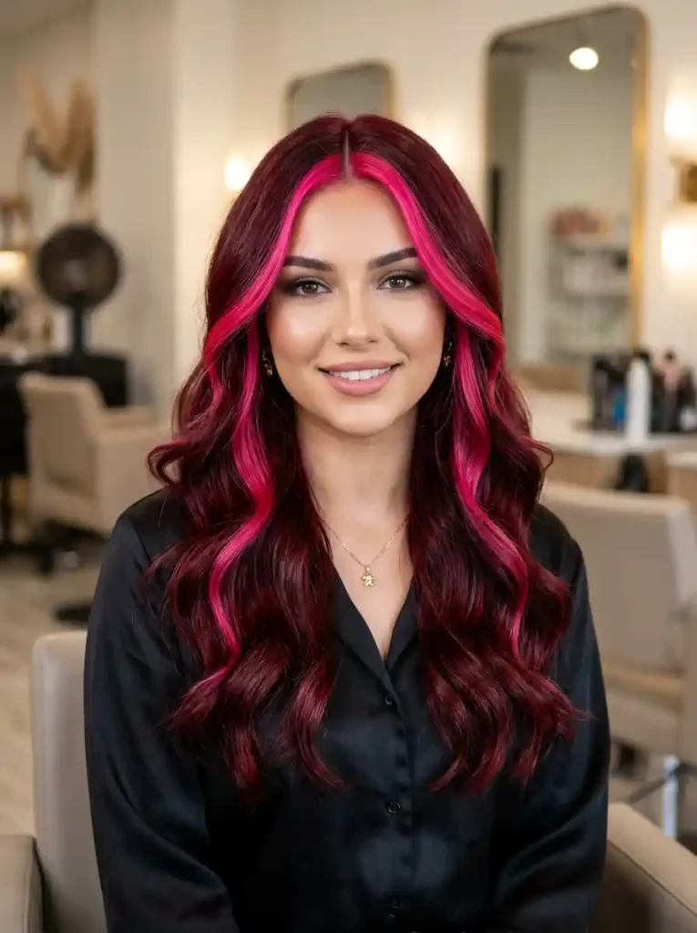 12. Dark Cherry Hair with Hot Pink Stripe