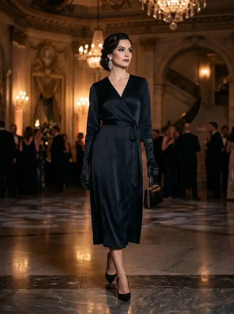 12. Silk Wrap Dress with Long Gloves