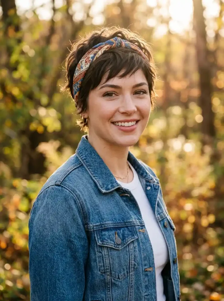 13. Messy Pixie with Printed Bandana