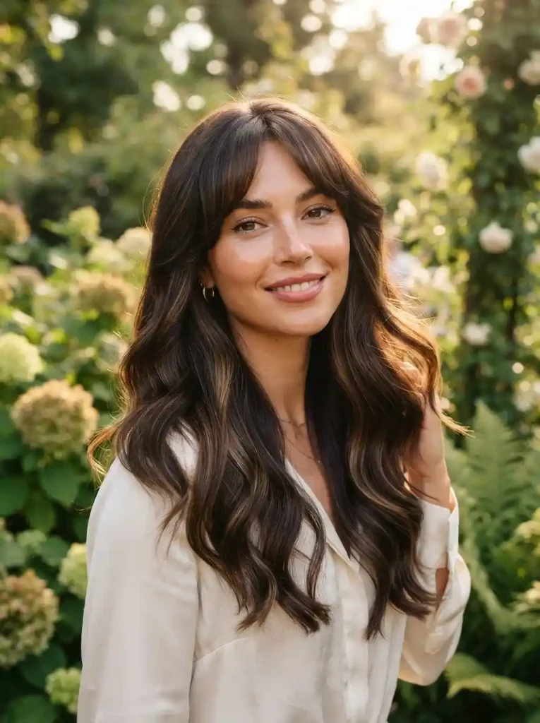 Soft curtain bangs with long waves for women.