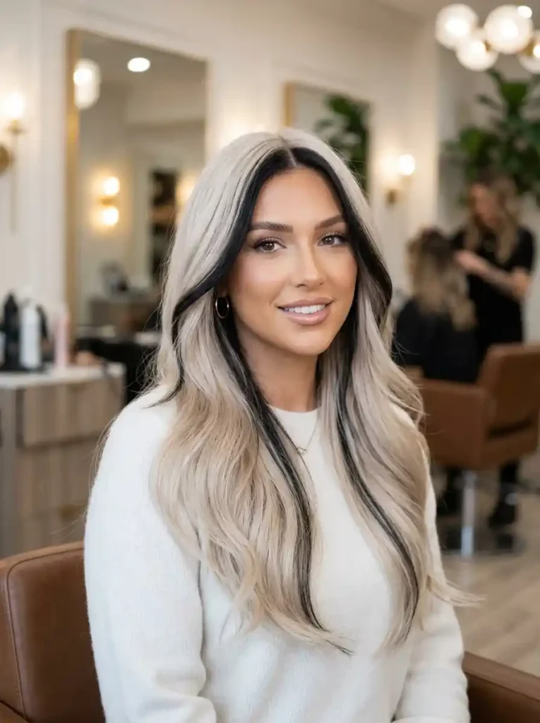 16. Pearl Blonde with Smoky Black Skunk Stripe Hair Ideas