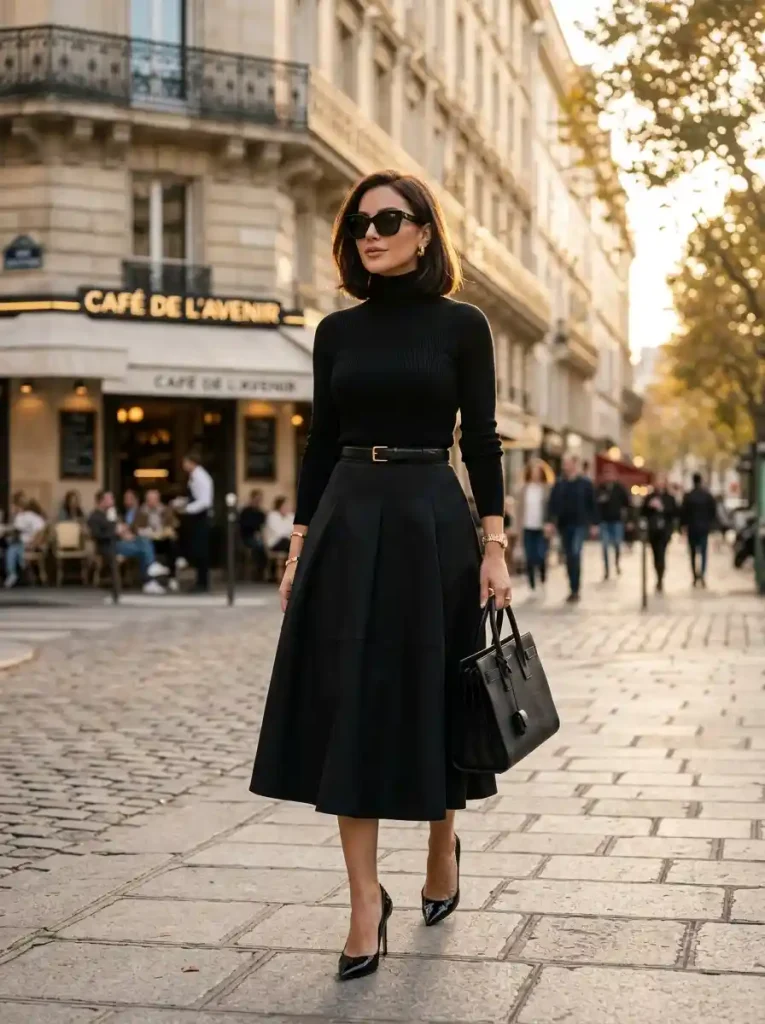 16. Ribbed Turtleneck with A-Line Skirt