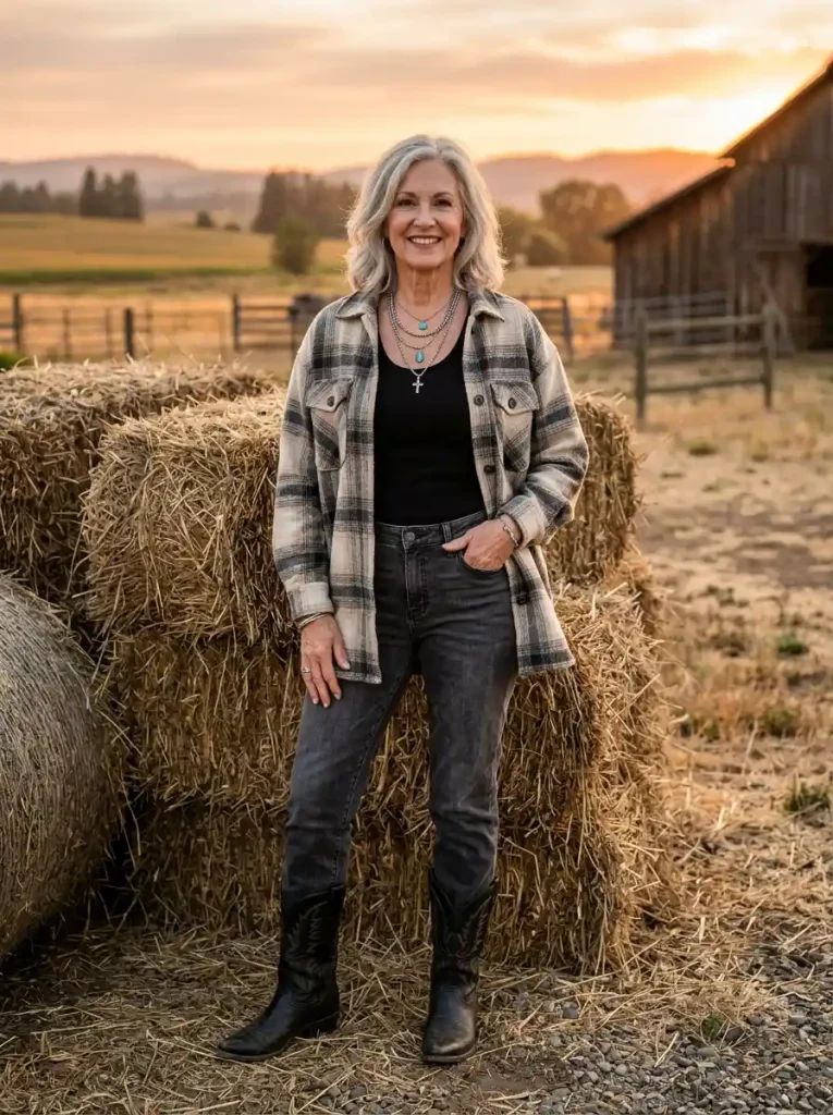 17. Gray Jeans with a Plaid Shacket