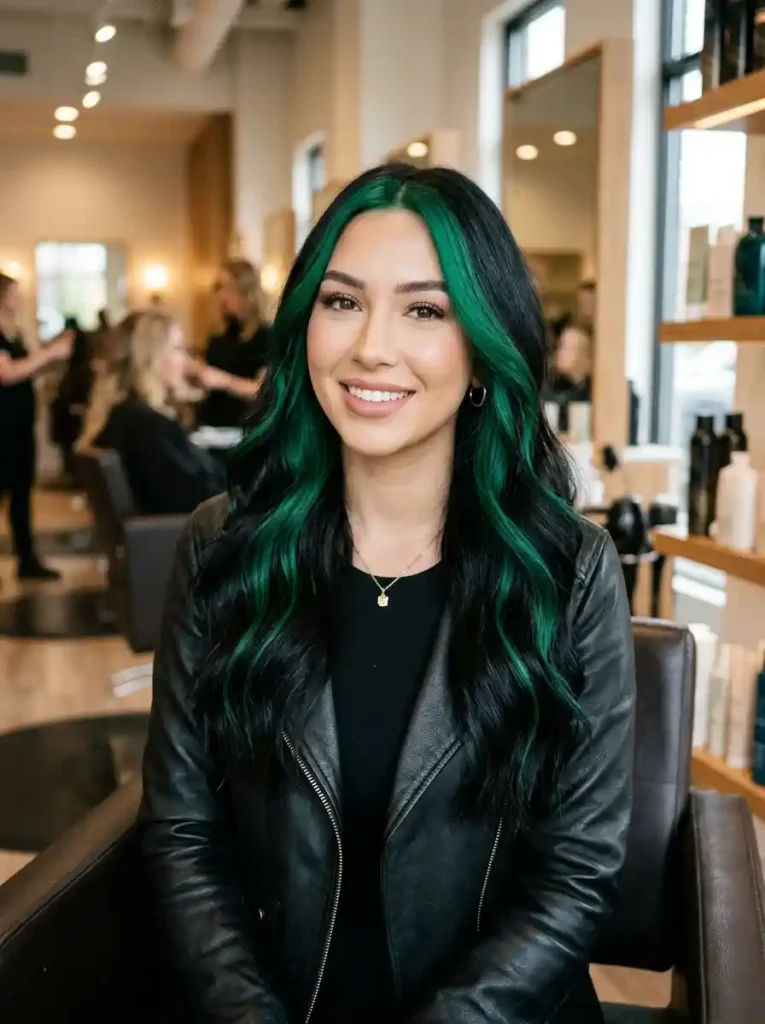 2. Midnight Black with Emerald Green-Skunk Stripe Hair Ideas
