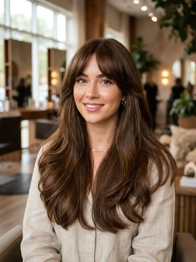 2.Long Hairstyles With Bangs- Long Hair with Bottleneck Layers and Curved Bangs