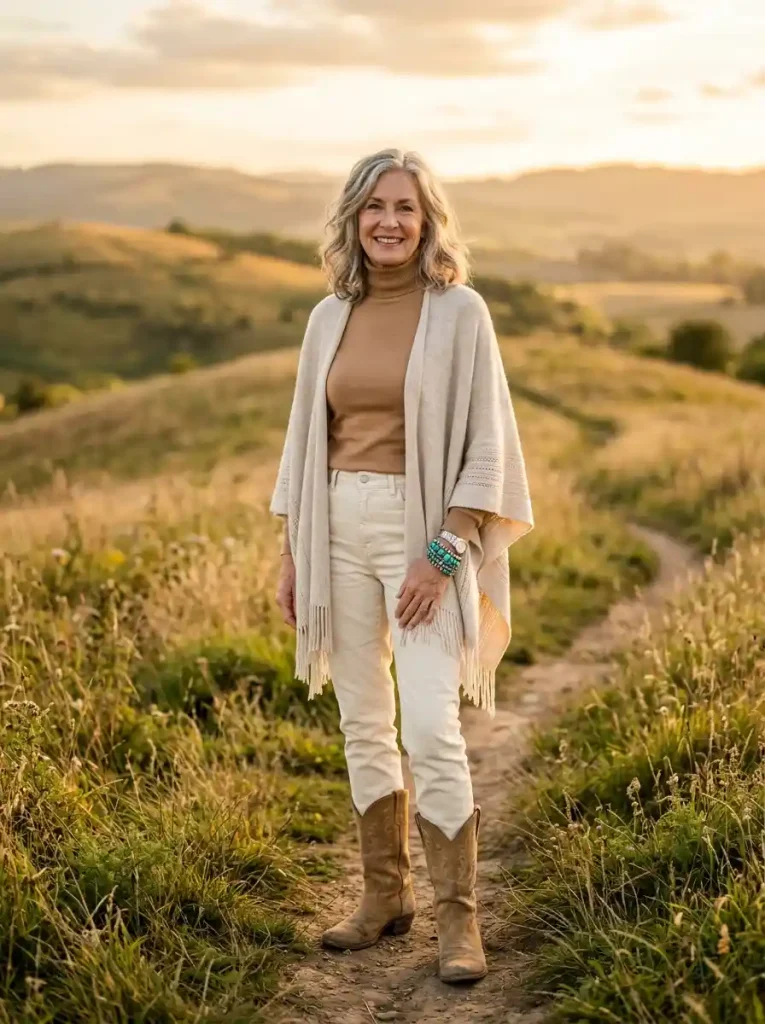 20. Cream Jeans with a Knit Poncho