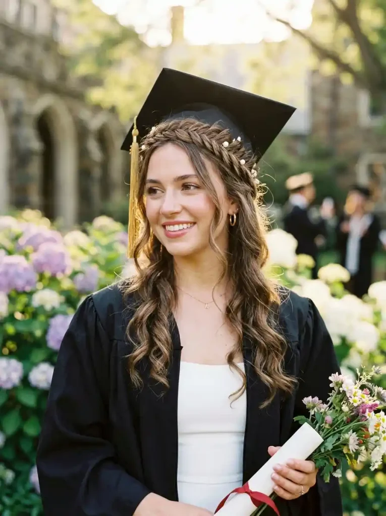 21. Half-Up Braided Crown for a Romantic Graduation Hairstyle