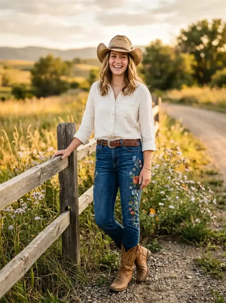 22. Embroidered Jeans with a Simple Linen Shirt-Western Senior Jeans Ideas