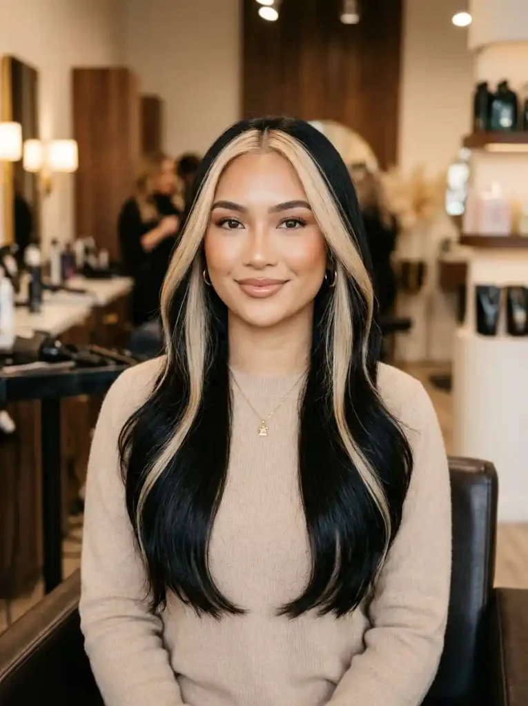 22. Soft Black with Champagne Blonde Stripe-Skunk Stripe Hair Ideas
