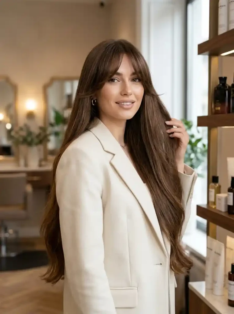 24. Long Satin Blowout with Floating Bangs