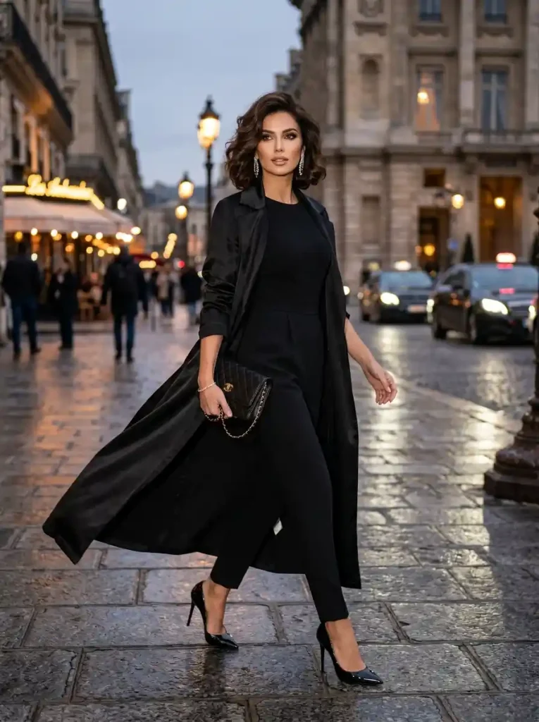 24. Satin Duster Coat Look-Black Mafia Outfit Ideas for Women