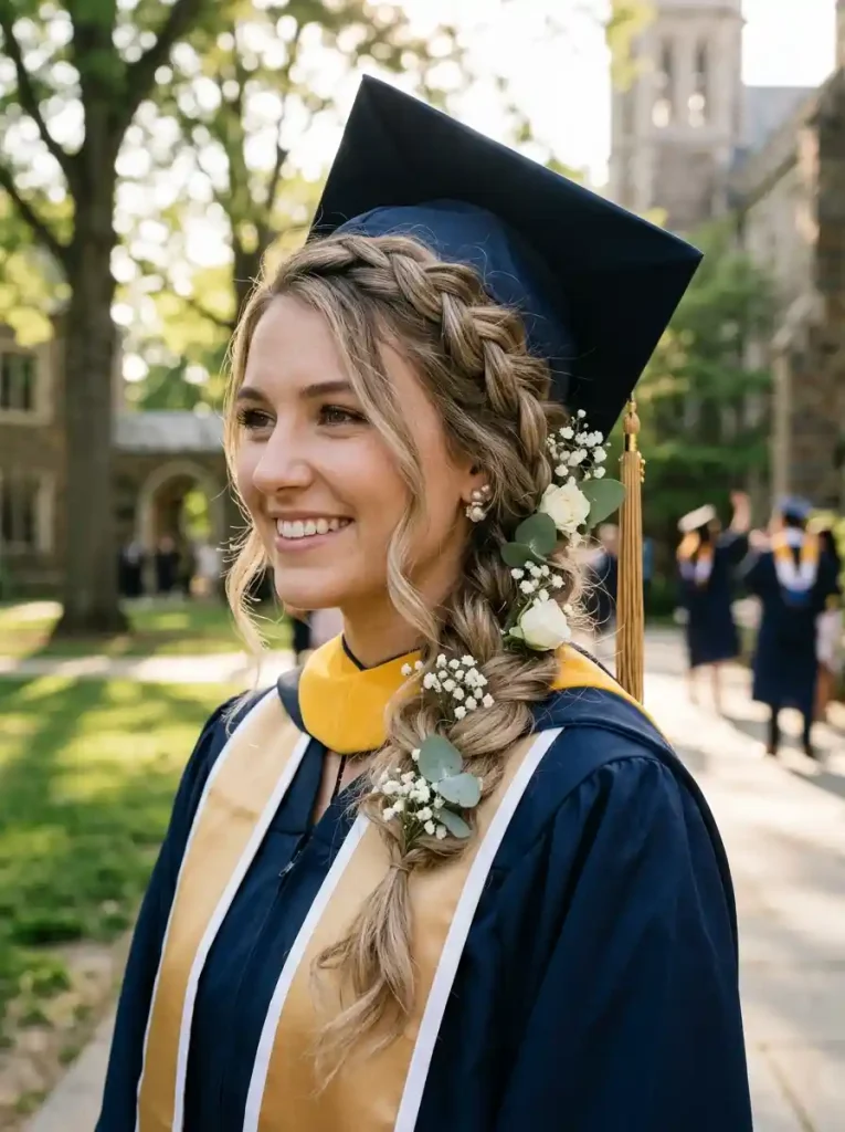 24. Side Braid with Loose Waves for an Elegant Graduation hairstyles