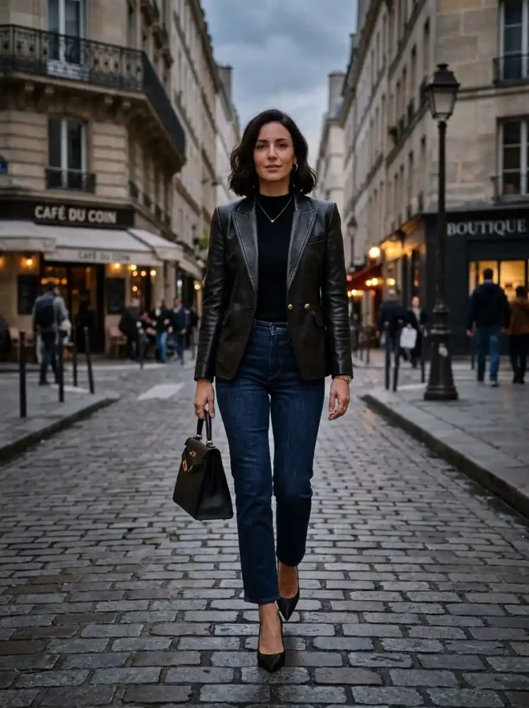3. Leather Blazer with Straight-Leg Jeans