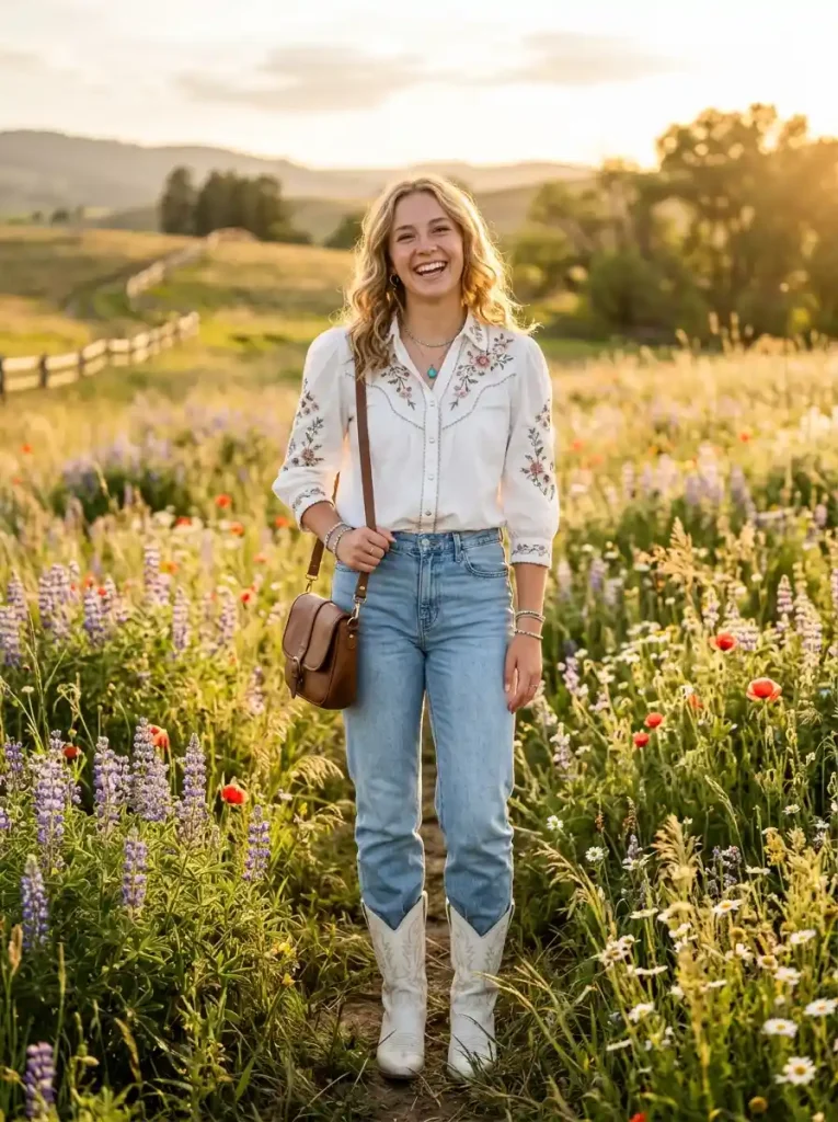 3. Light Wash Jeans with an Embroidered Blouse
