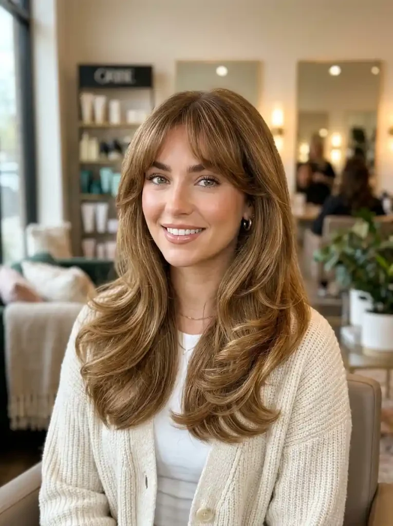 4. Long Layered Flip Cut with Vintage Bangs