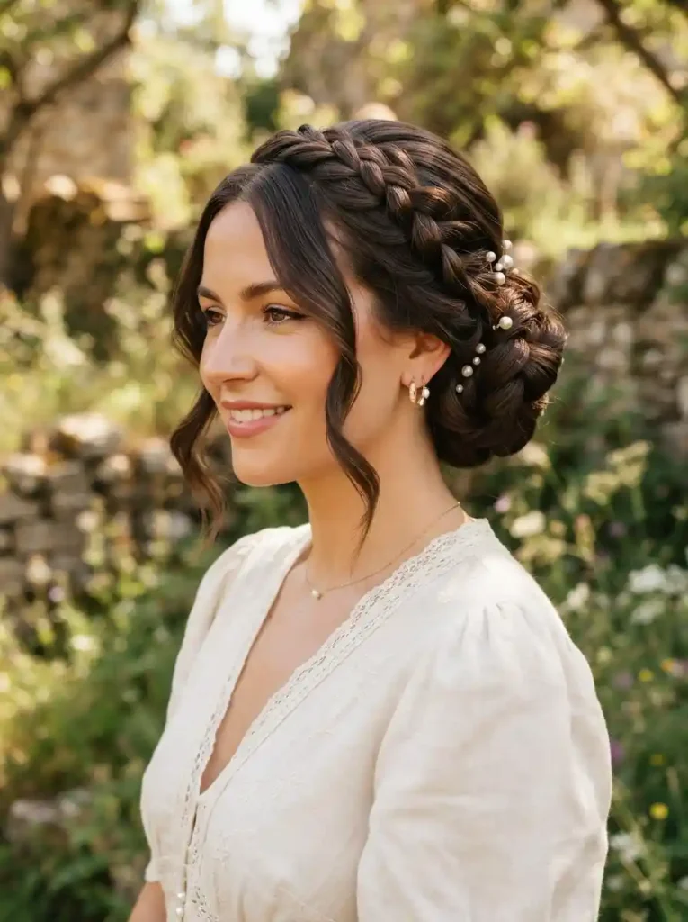 Low braided bun hairstyle for women.