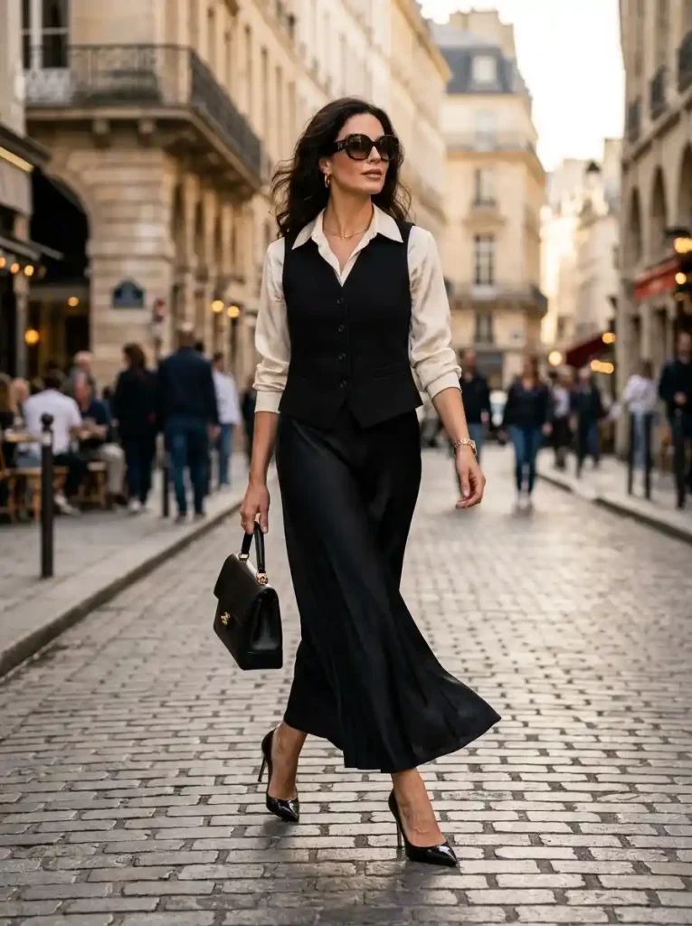 5. Black Waistcoat with Flowing Maxi Skirt