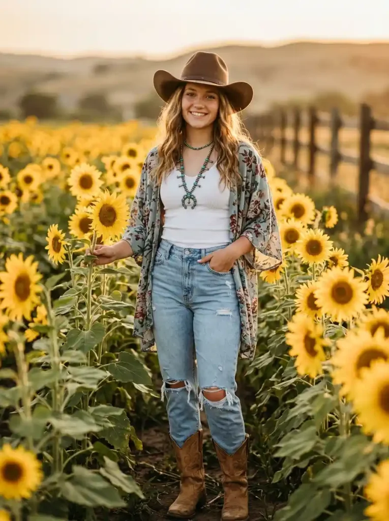 6. Distressed Jeans with a Floral Kimono