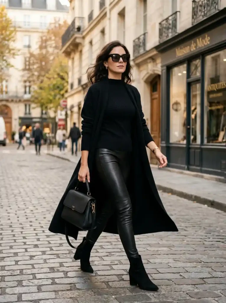 6. Long Cardigan with Leather Leggings
