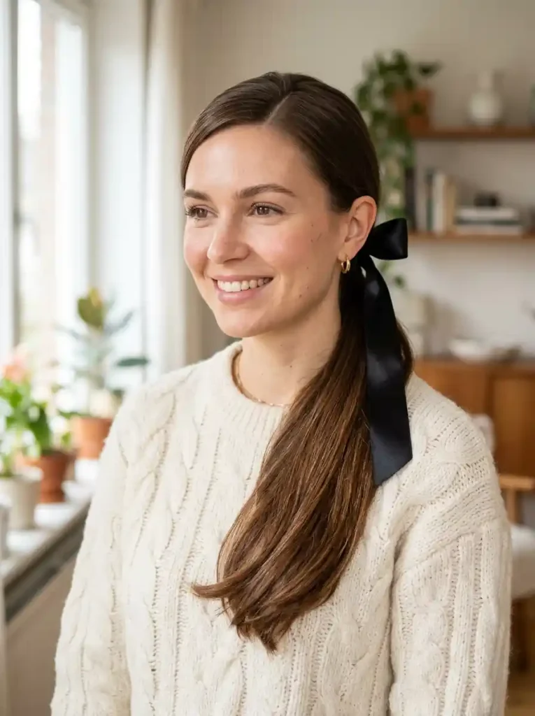 6. Side-Part Ribbon Ponytail