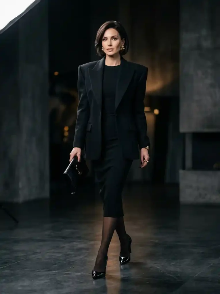 7. Wide-Shoulder Blazer with Midi Dress
