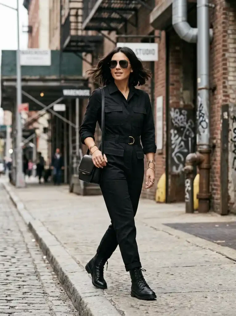 8. Black Utility Jumpsuit-Black Mafia Outfit Ideas for Women