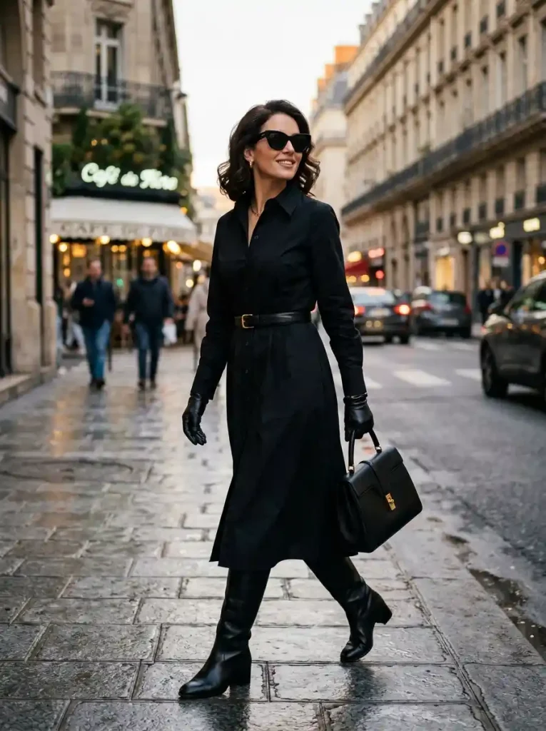 9. Belted Shirt Dress with Knee-High Boots