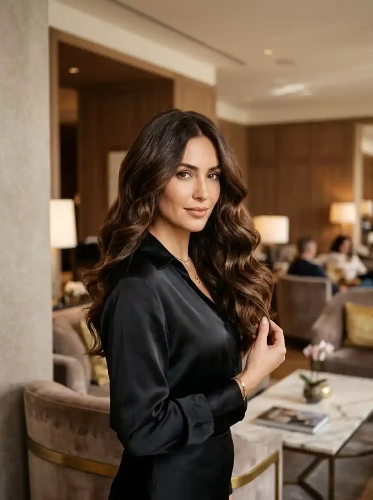 9. Rich Brunette Waves with Glossy Dimension