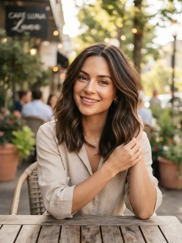 Shoulder length texture lob for women.