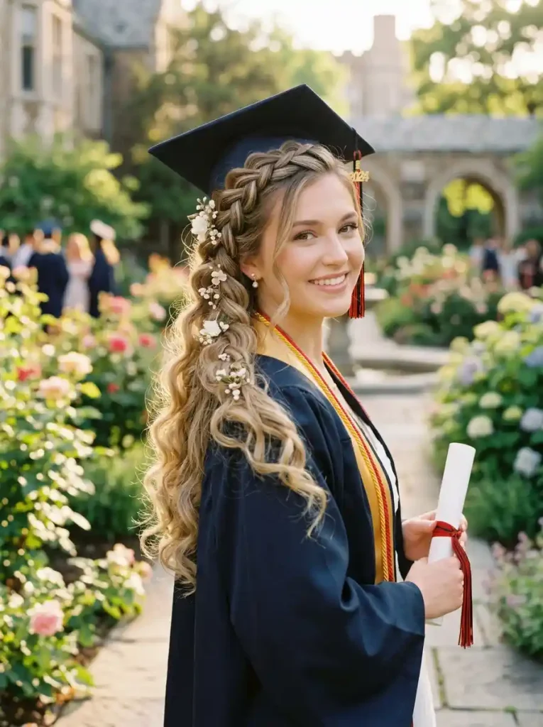 9. Waterfall Braid with Loose Curls for a Feminine Graduation Style