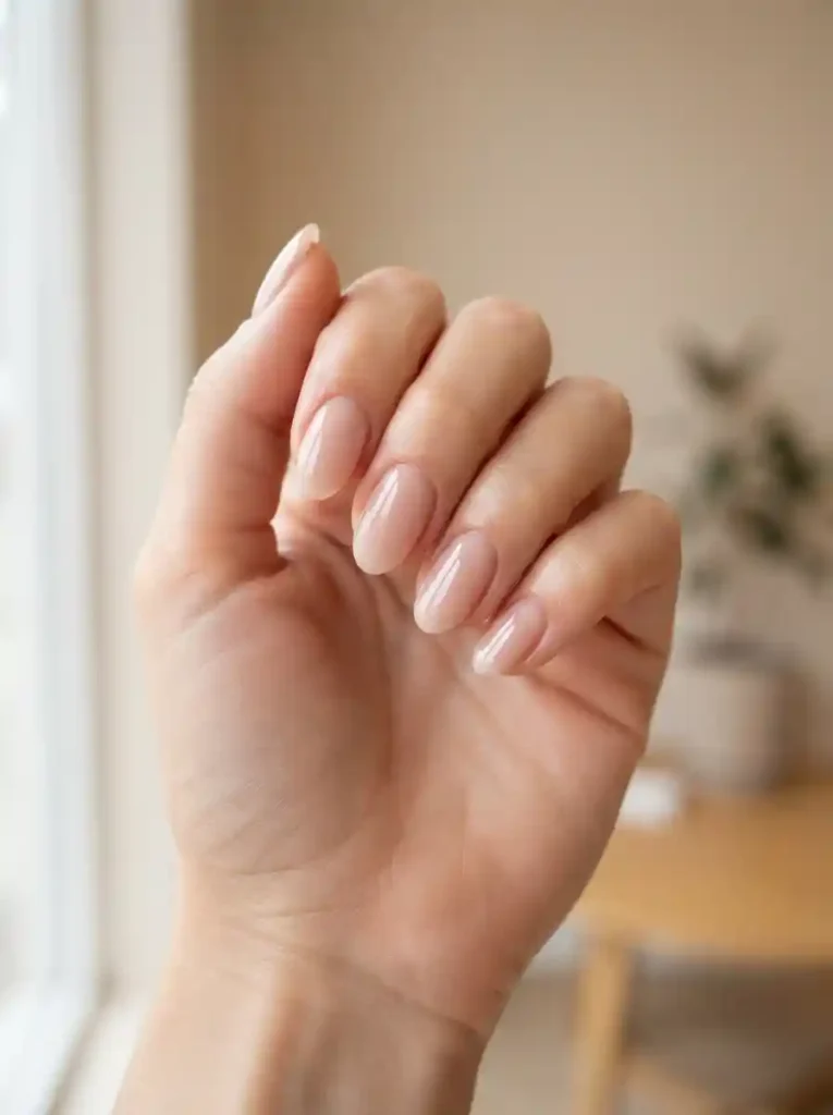 1. Sheer Nude Gloss Simple Nail Ideas