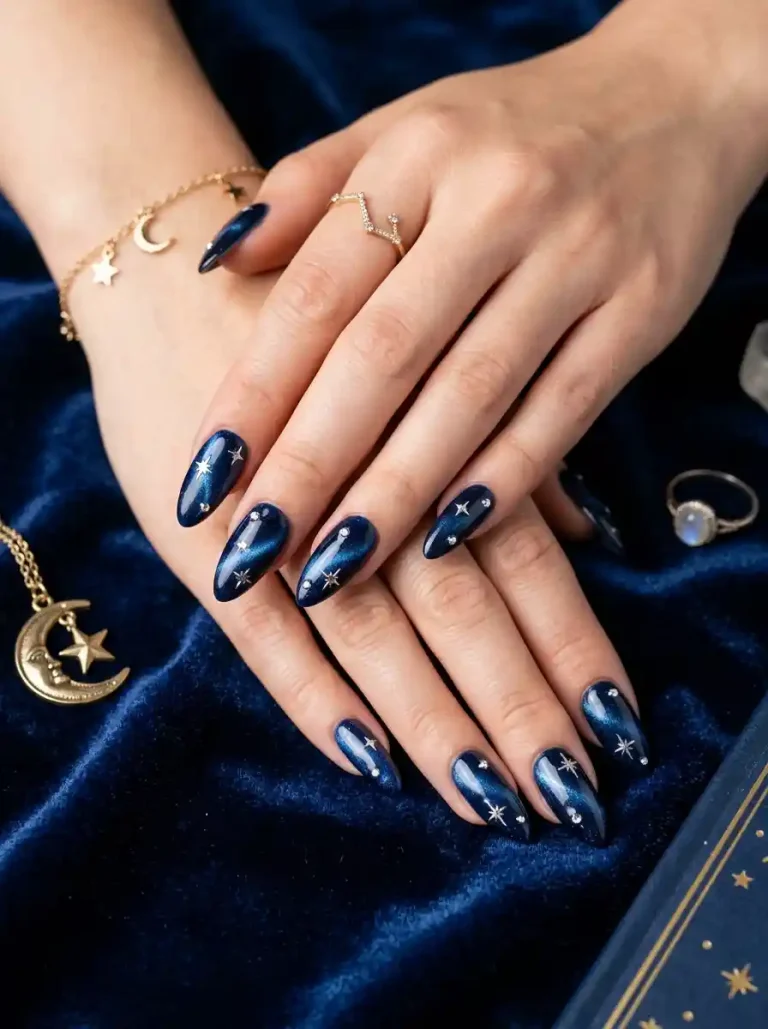 22. Midnight Constellation Blue Cat Eye Nail Ideas