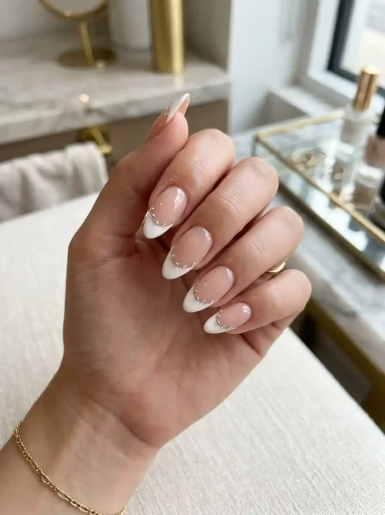 24. Crystal French Tip Nail Ideas