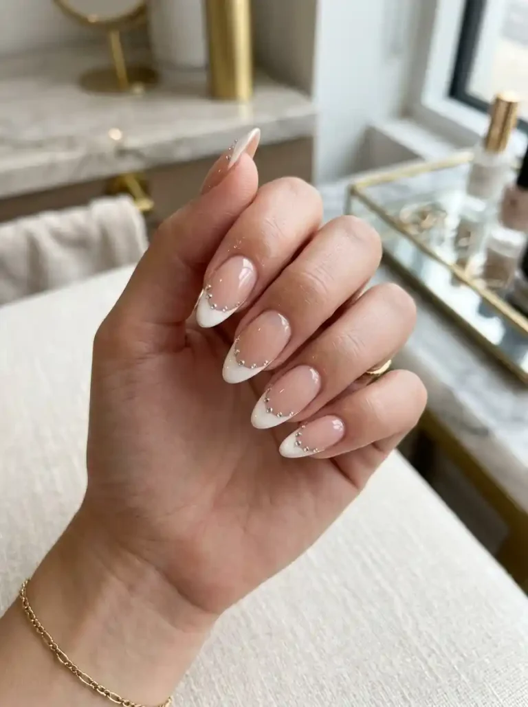 24. Crystal French Tip Nail Ideas